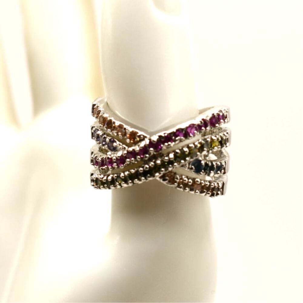 Vintage Multicolor Gemstone Crossover Ring Silver Tone Size 7.5